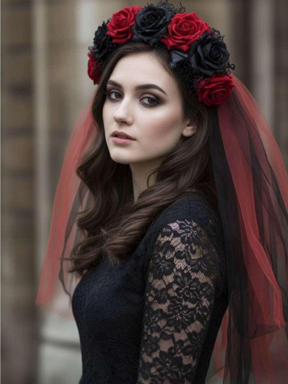 Red and Black Floral Veil Headpiece - Women Accessories Halloween
